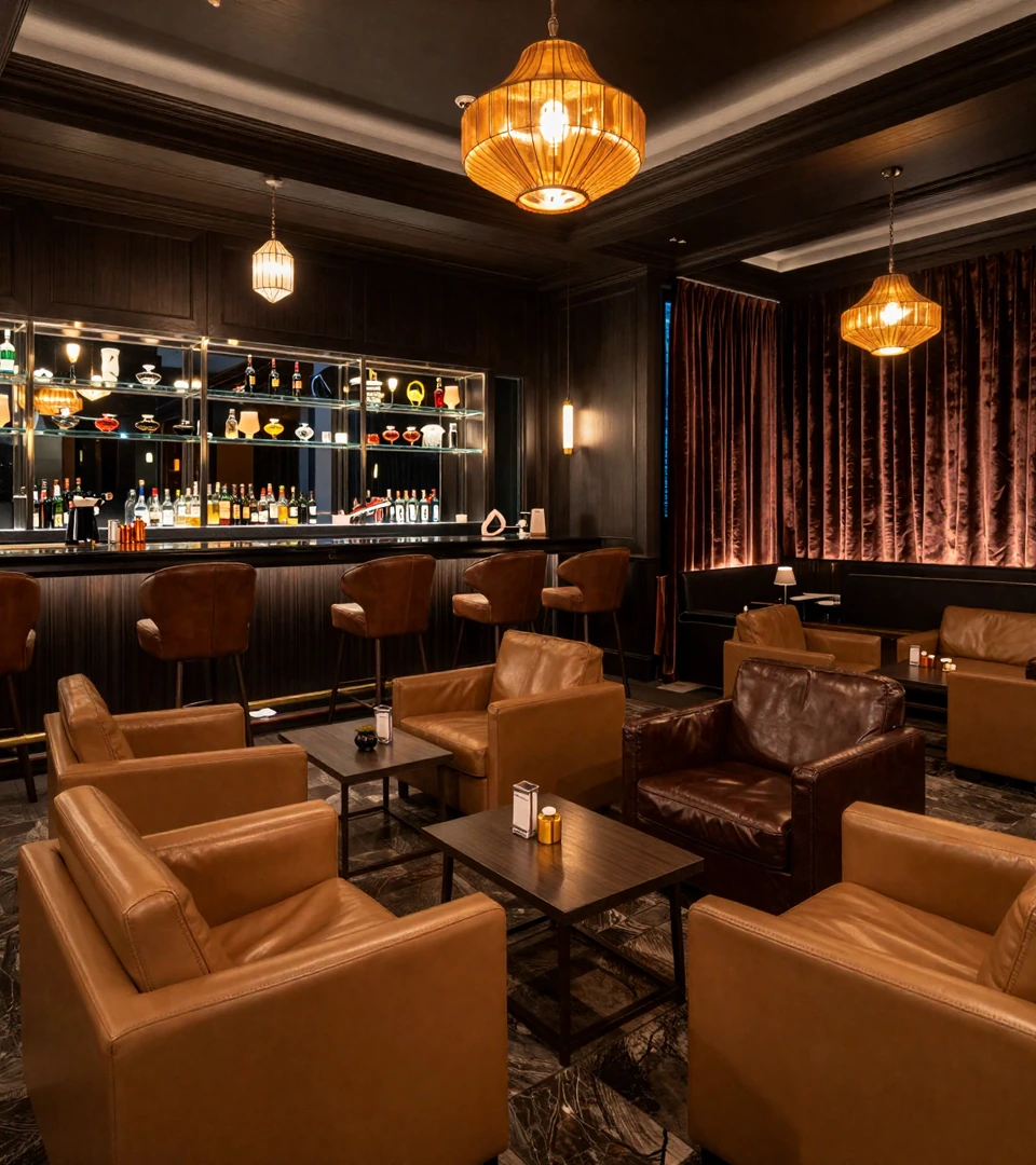 Lounge prostor Večerního Salonu - pohodlná křesla, přítlumené světlo a klidná večerní atmosféra