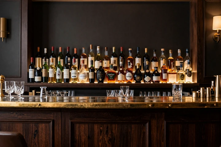 Bar Večerního Salonu s prémiovou kolekcí vín a destilátů v elegantním prostředí