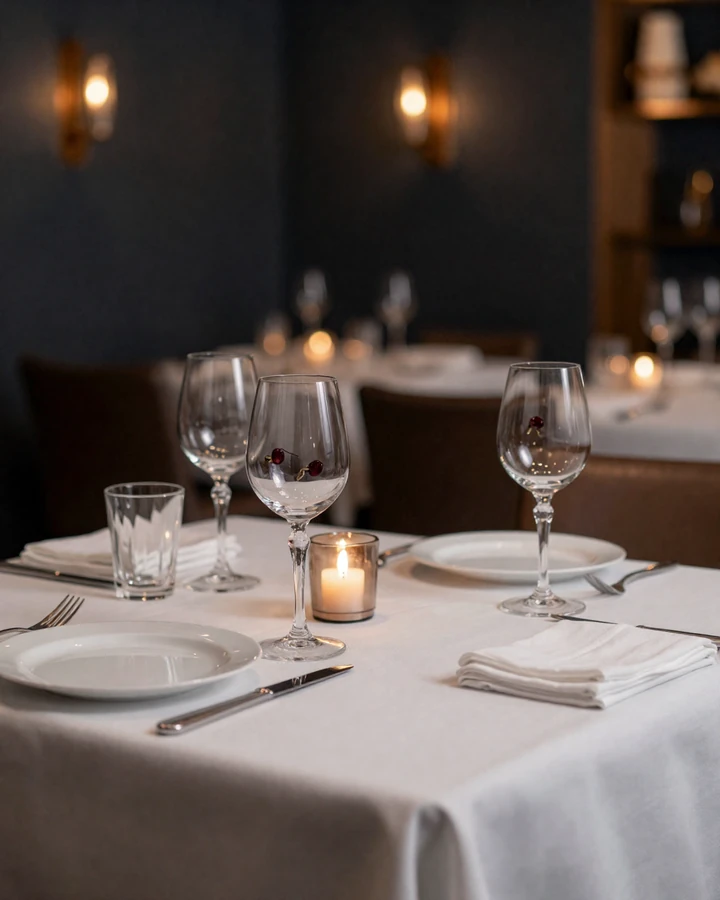 Elegantně prostřený stůl v restauraci Večerní Salon s křišťálovým nádobím a svíčkami